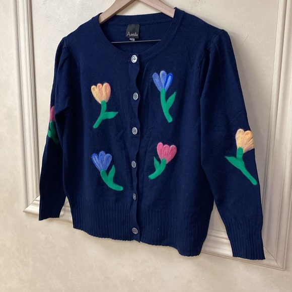 Aaeda Blue Floral Cardigan Sweater Medium - Picture 4 of 6